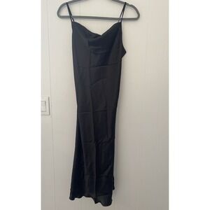 Bebe Black Satin Slip Dress MediumBias Cut Cowl Neck Midi Indie Glam 90s Y2K